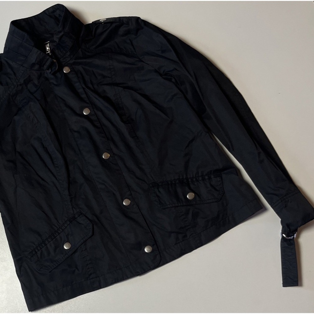 Chico's Black Utility Jacket Military Style Snap Zip Front Buckle Cuffs Size 1
